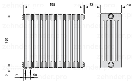 Схема (чертеж) Радиатор Zehnder Charleston 6075/13 №3370 Белый глянцевый RAL 9016
